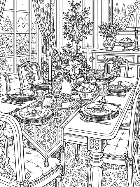 Detailed Dinner table set for a family meal coloring page