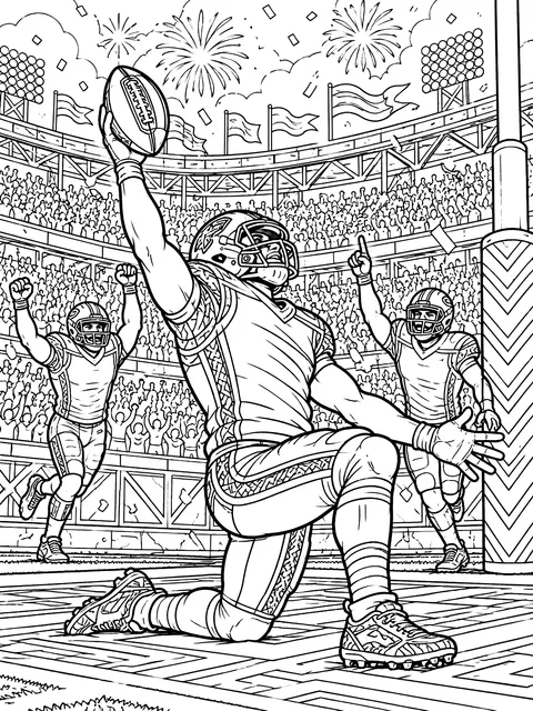 Detailed End zone touchdown celebration coloring page