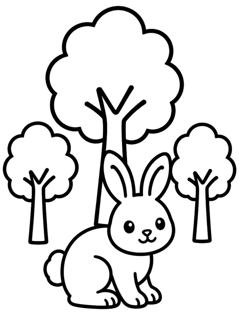 Easy Three simple trees with a rabbit coloring page