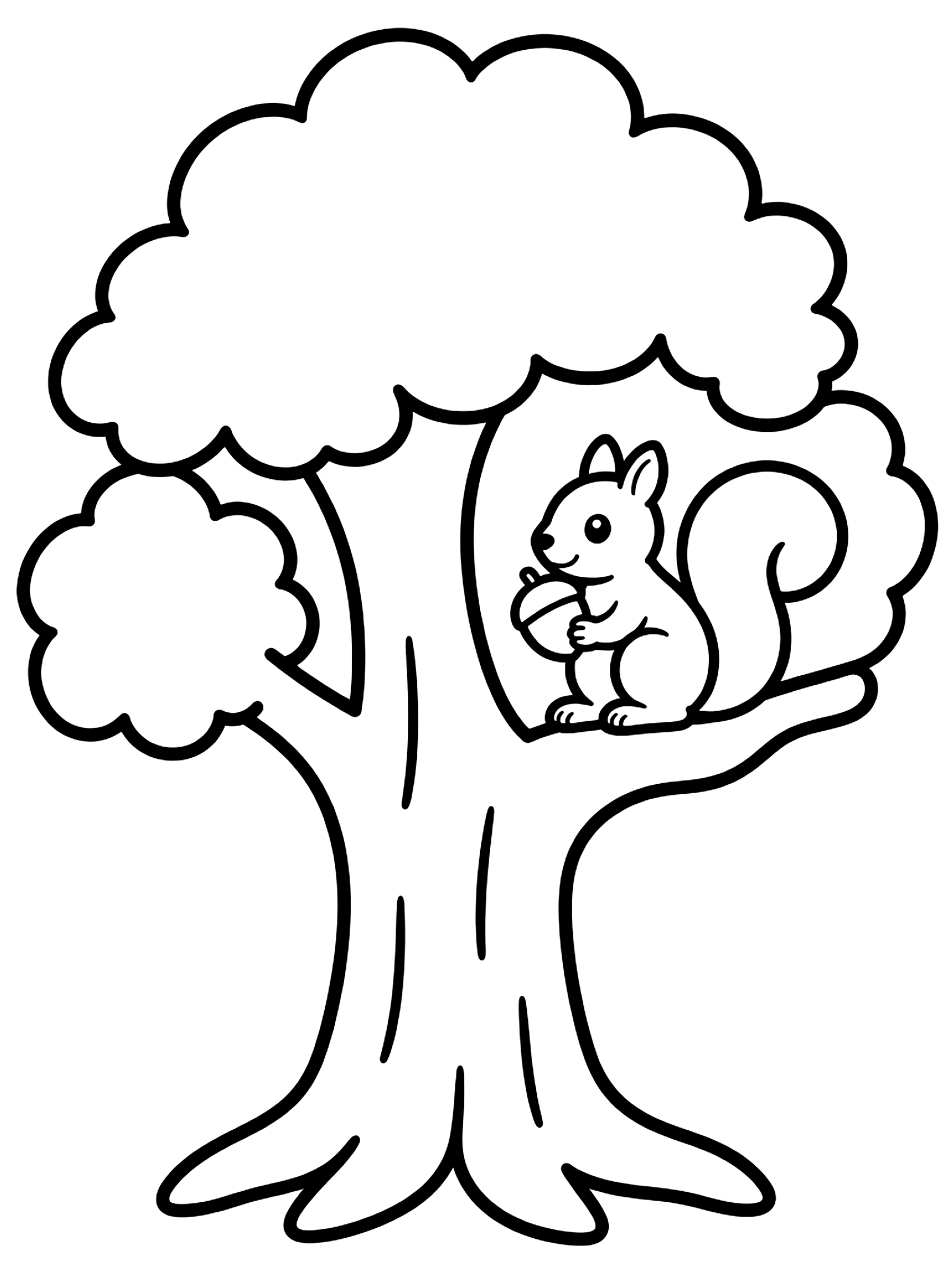 Easy Big oak tree with a squirrel coloring page