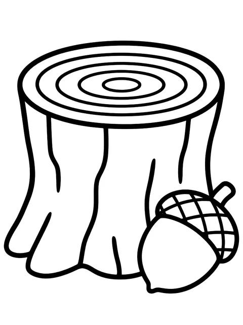 Easy Tree stump with rings and an acorn coloring page