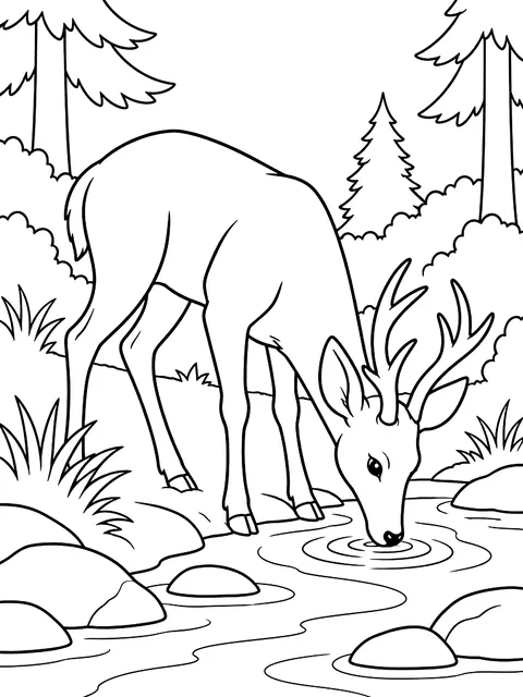Deer drinking at a forest stream coloring page