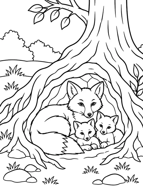 Fox den under tree roots coloring page