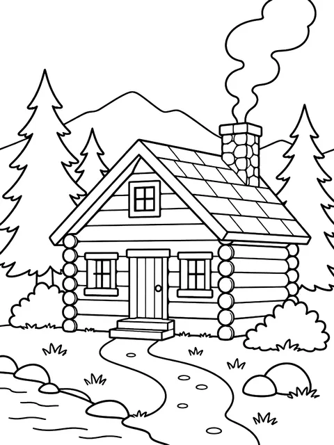 Cabin in the woods with chimney smoke coloring page