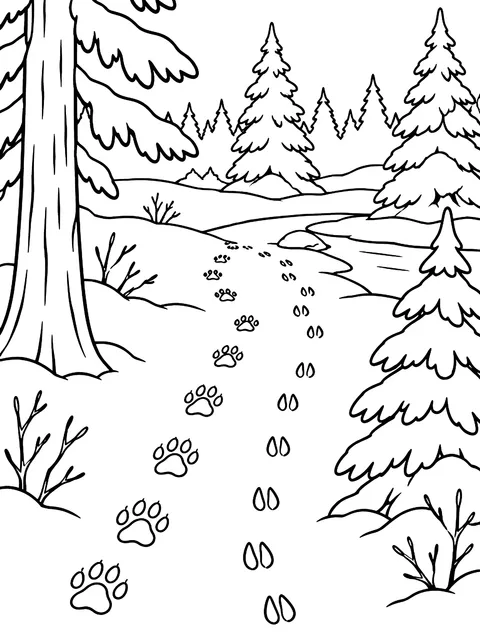 Snowy forest with animal tracks coloring page