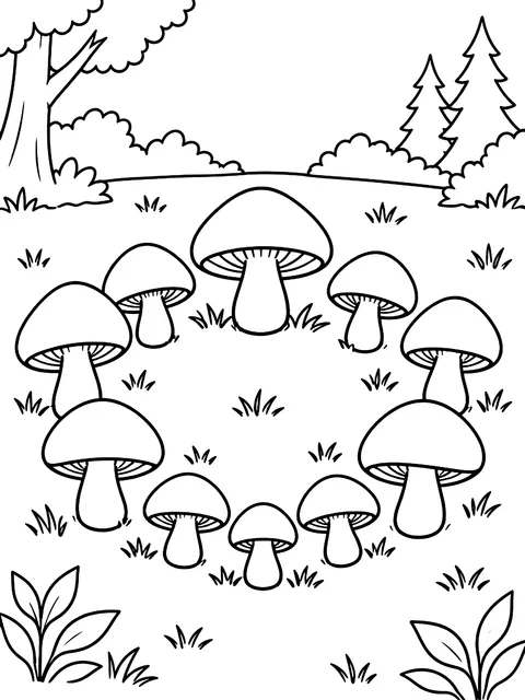 Ring of mushrooms in a clearing coloring page