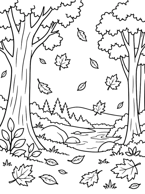 Autumn forest with falling leaves coloring page
