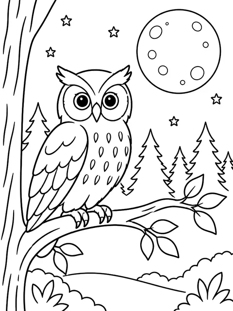 Forest at night with an owl and the moon coloring page