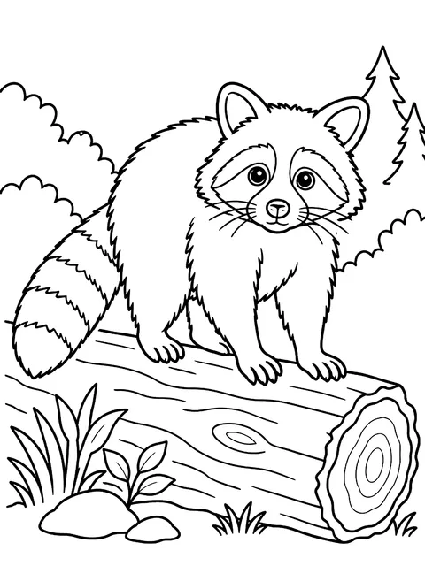 Raccoon on a fallen log coloring page