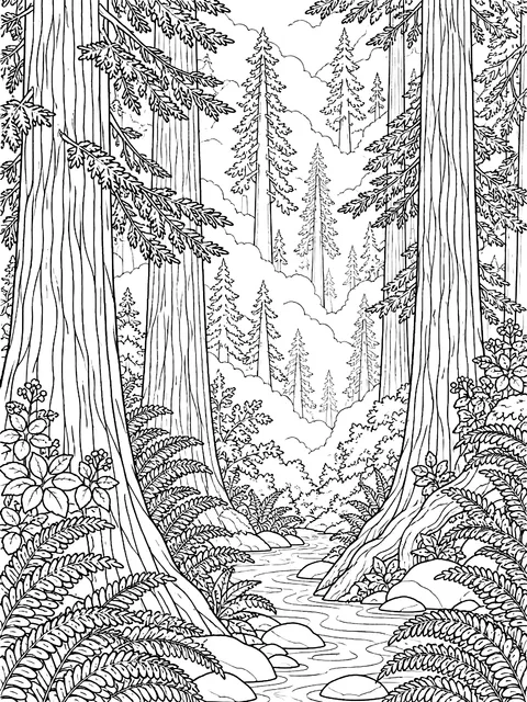 Detailed Misty redwood grove coloring page