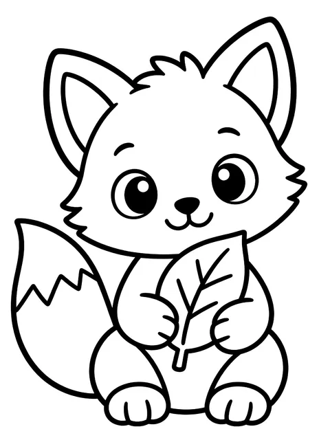 Easy Baby fox holding a leaf coloring page