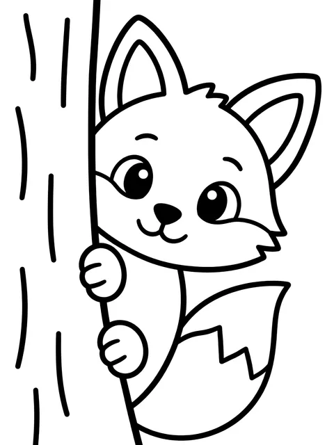 Easy Fox peeking from behind a tree coloring page