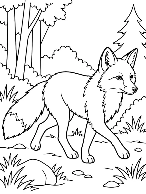 Red fox trotting through the woods coloring page