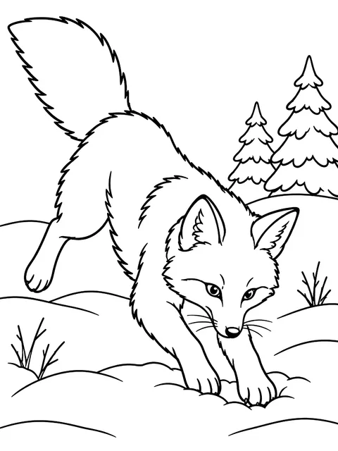 Fox pouncing into the snow coloring page