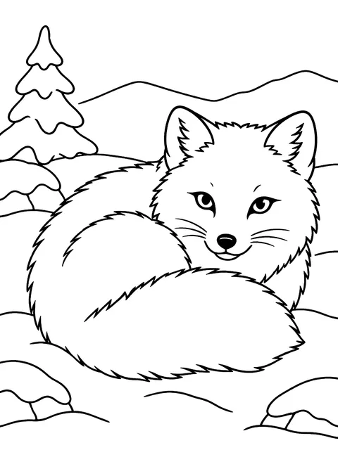 Arctic fox curled in the snow coloring page
