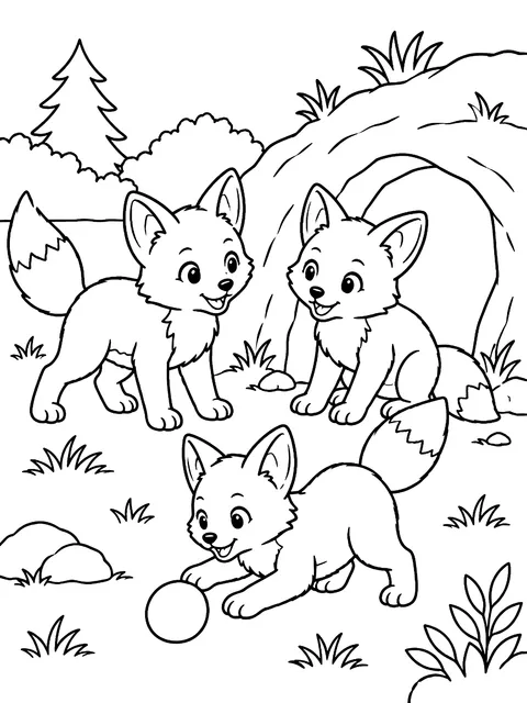 Fox kits playing outside the den coloring page