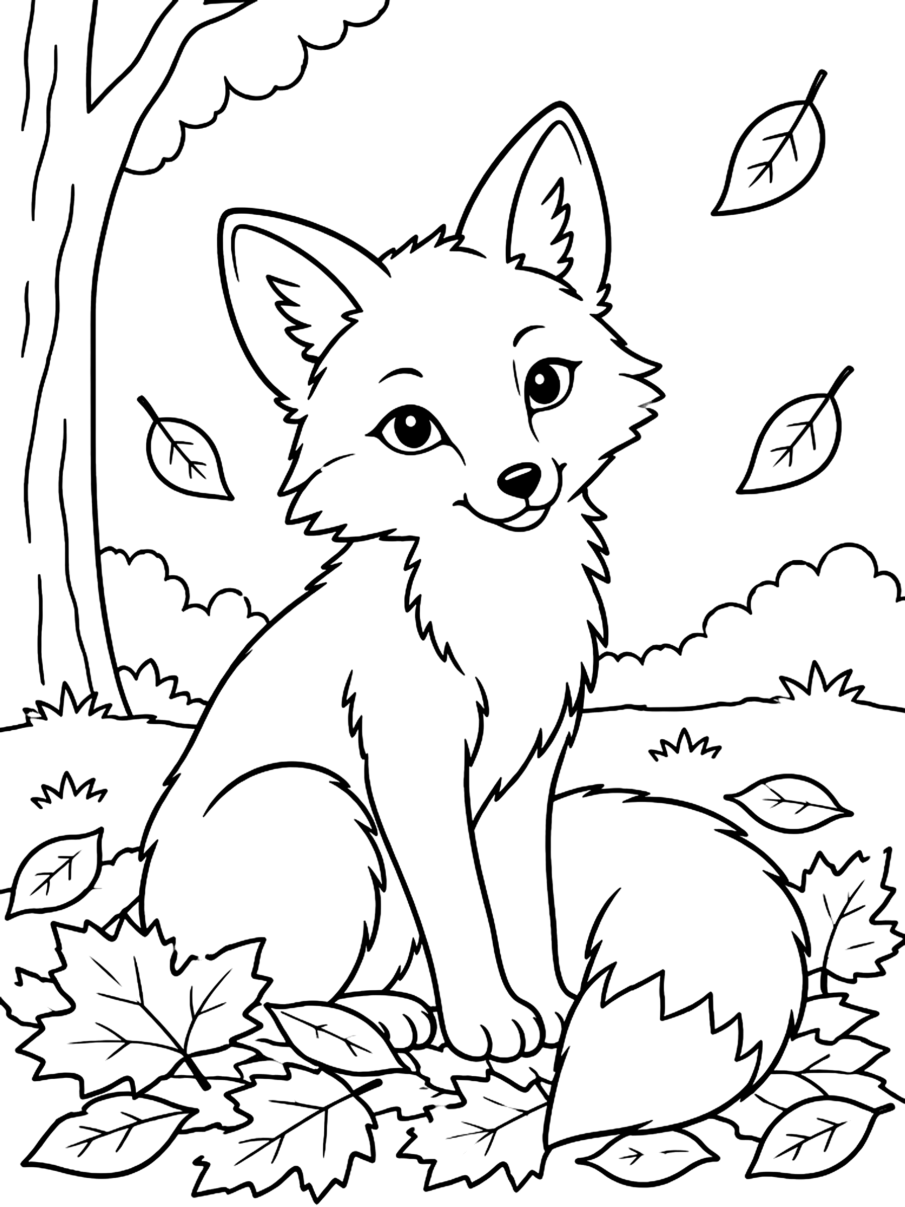 Fox in fallen leaves coloring page