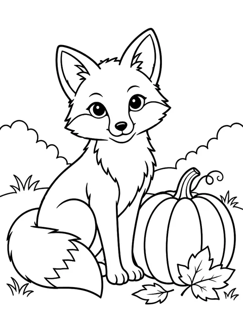 Fox sitting beside a pumpkin coloring page