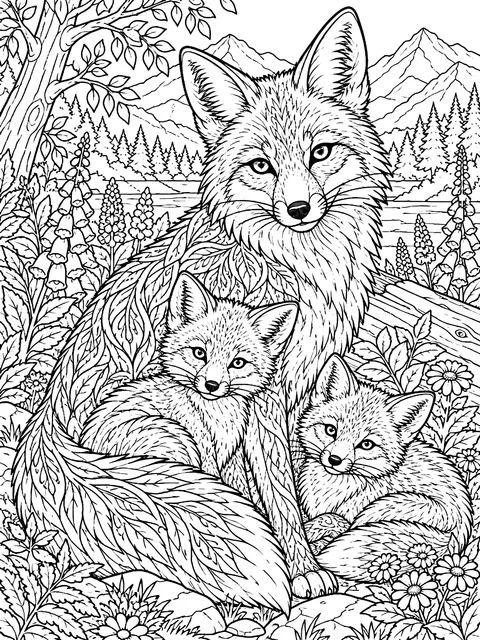 Detailed Vixen with her kits coloring page
