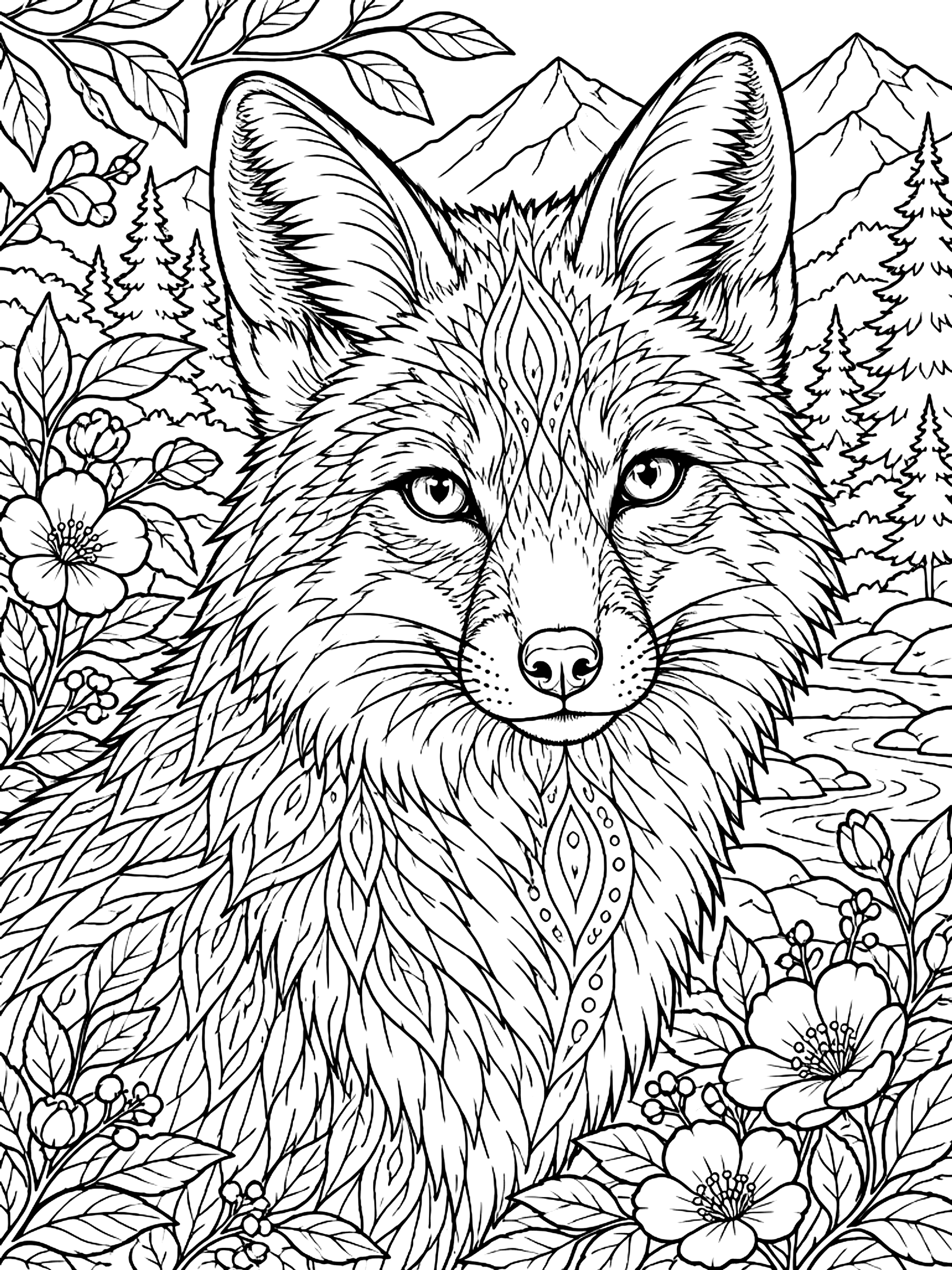 Detailed Realistic red fox portrait coloring page