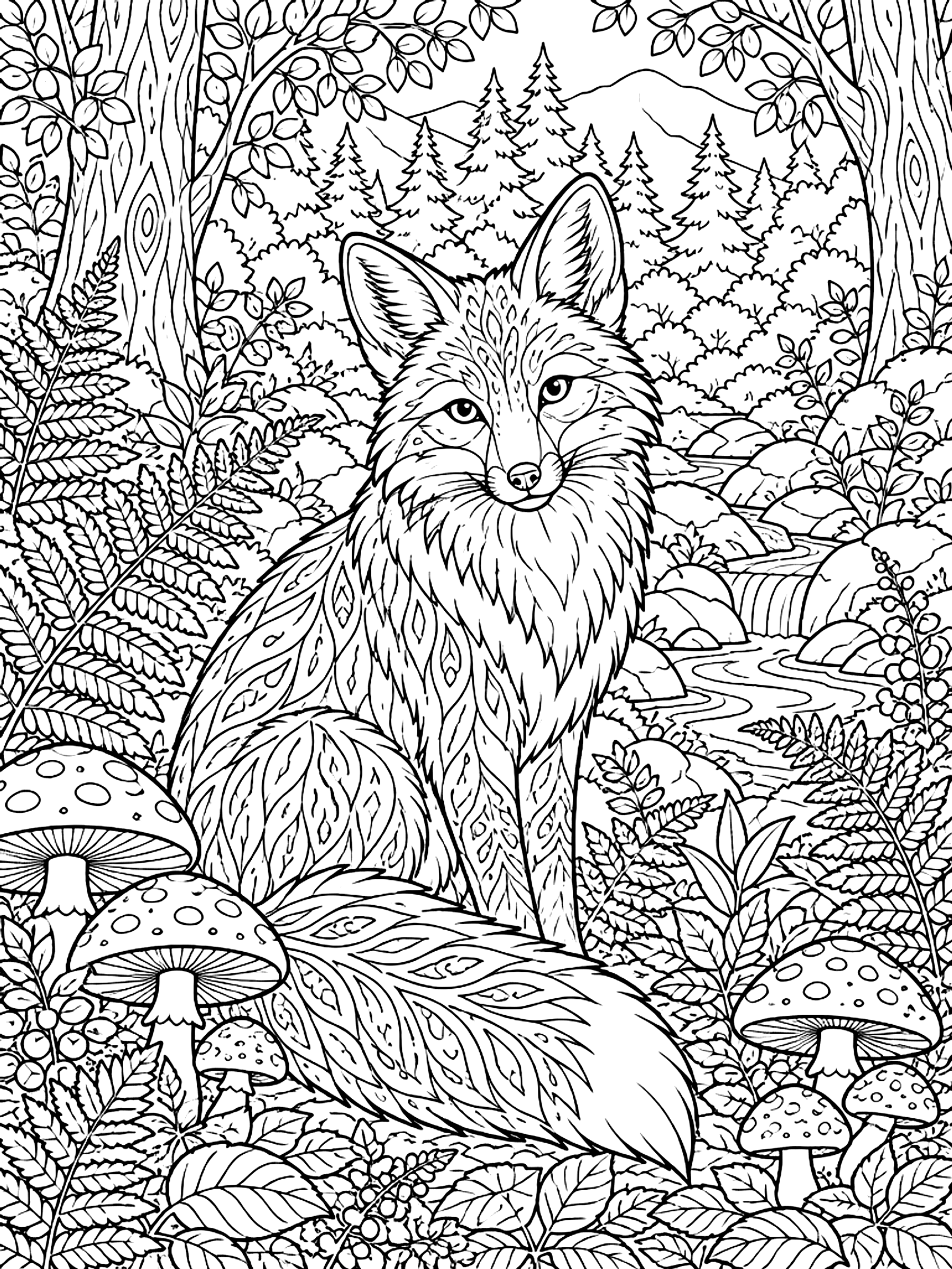 Detailed Woodland scene with a fox, mushrooms and ferns coloring page