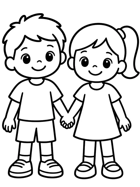 Easy Two friends holding hands coloring page