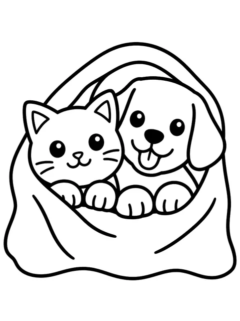 Easy Cat and dog under one blanket coloring page