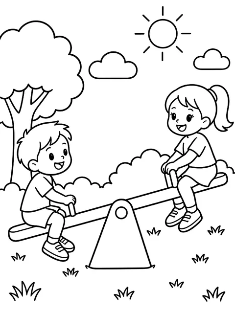 Friends on a seesaw coloring page