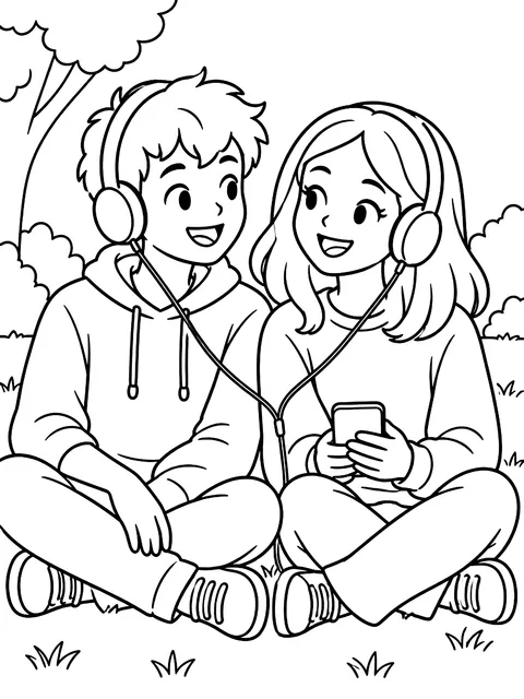 Friends sharing headphones coloring page