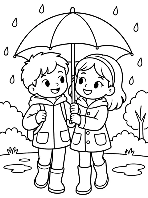 Friends sharing an umbrella coloring page