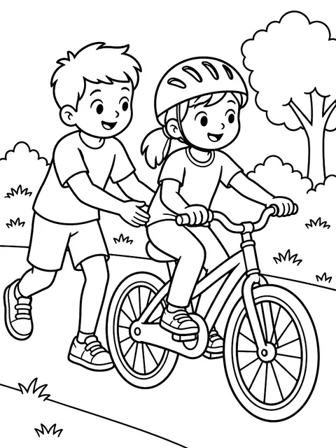 Teaching a friend to ride a bike coloring page