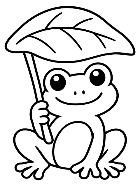 Easy Frog under a leaf umbrella coloring page