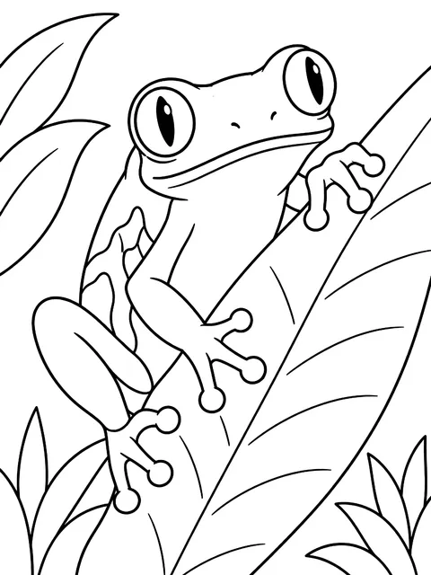 Red-eyed tree frog clinging to a leaf coloring page