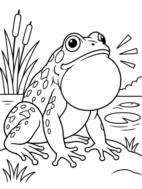 Bullfrog croaking with a puffed throat coloring page