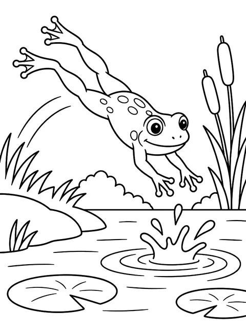 Frog leaping into a pond coloring page