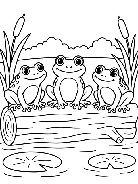 Three frogs on a log coloring page