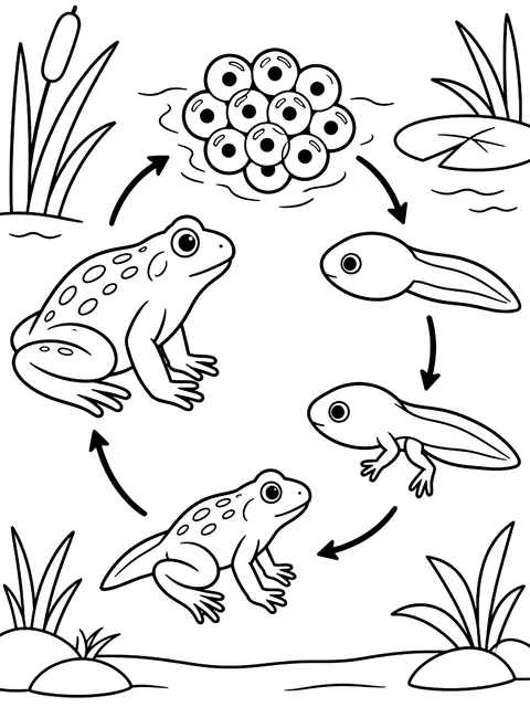 Frog life cycle with labels coloring page