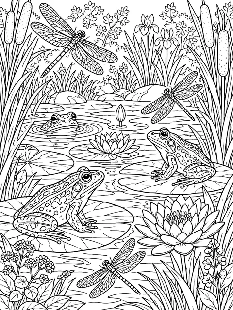 Detailed Pond scene with frogs, dragonflies and reeds coloring page
