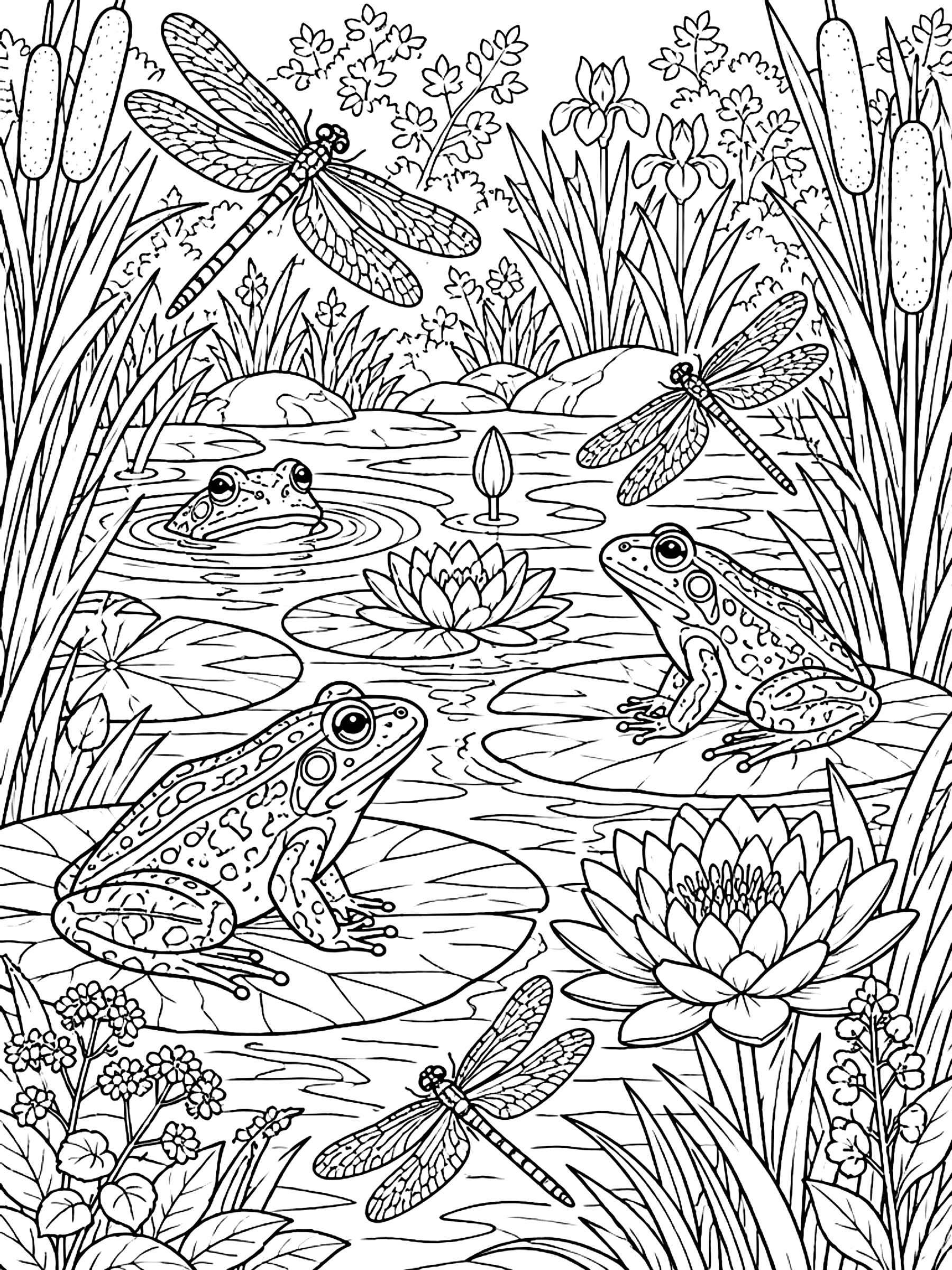 Detailed Pond scene with frogs, dragonflies and reeds coloring page