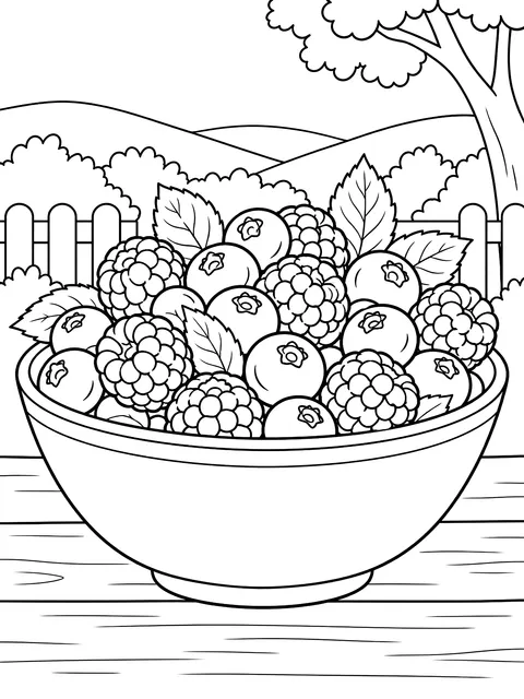 Bowl of blueberries and raspberries coloring page