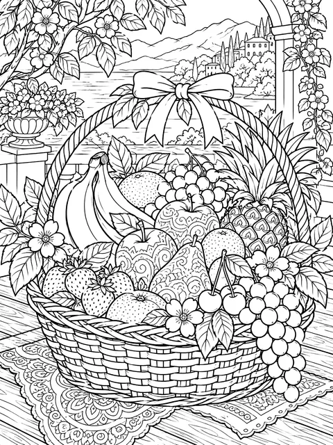 Detailed Basket of mixed fruit coloring page