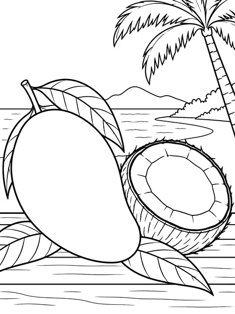 Mango and a split coconut coloring page