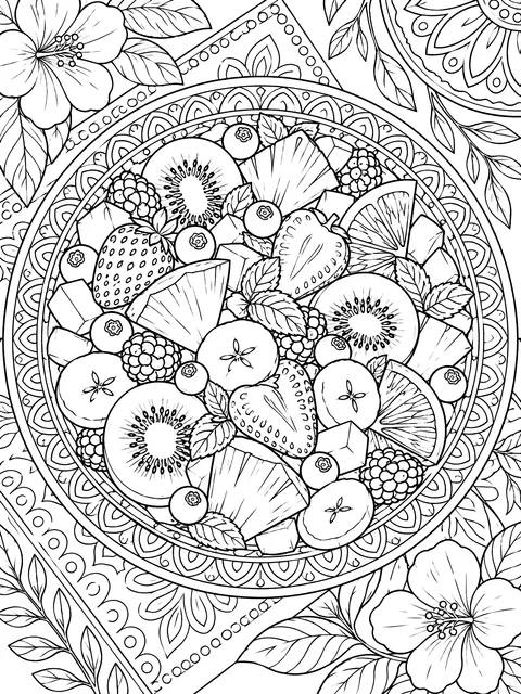 Detailed Fruit salad bowl seen from above coloring page