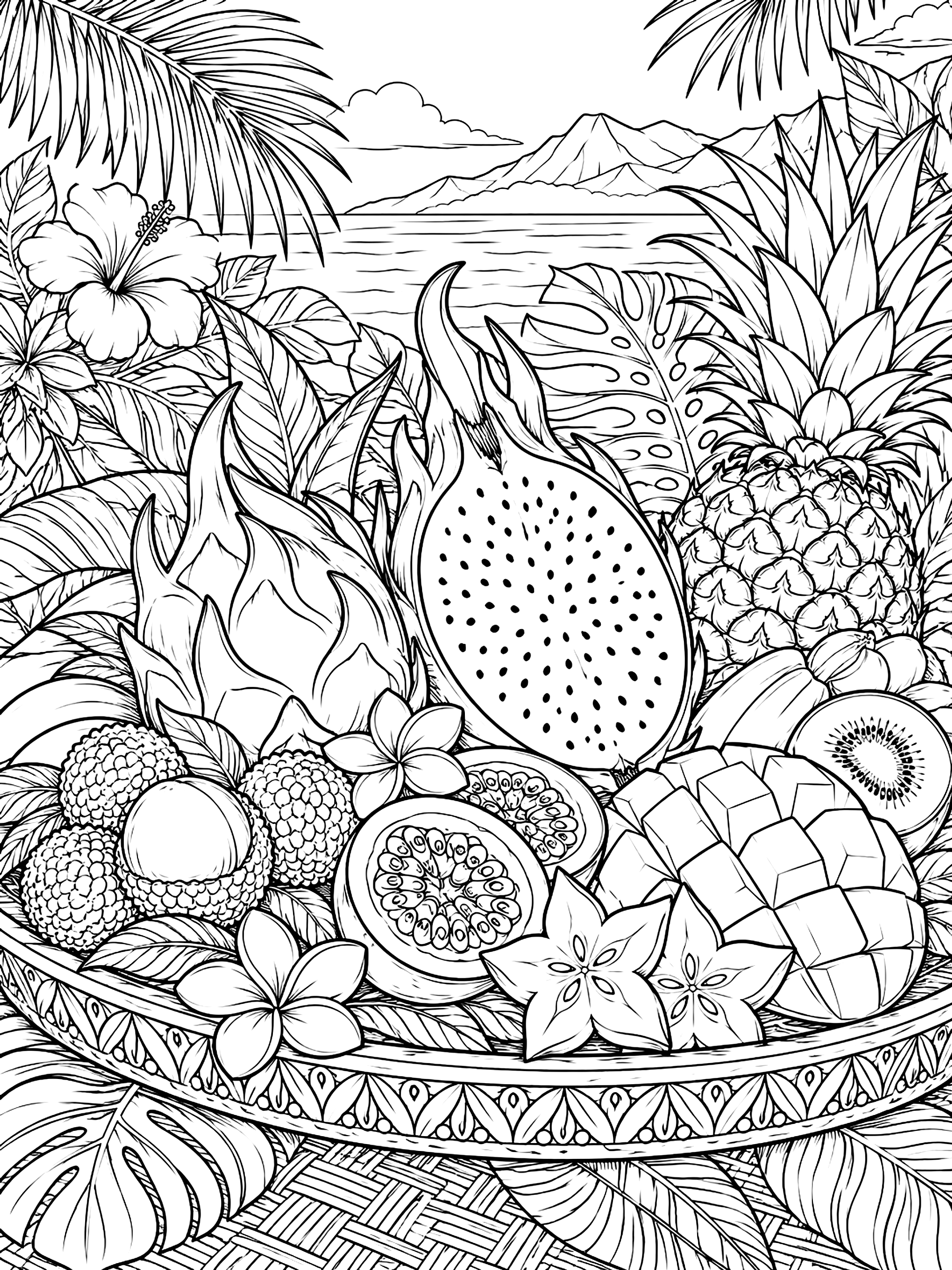 Detailed Tropical fruit platter with dragon fruit coloring page