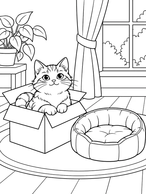 Cat in a box beside an empty cat bed coloring page
