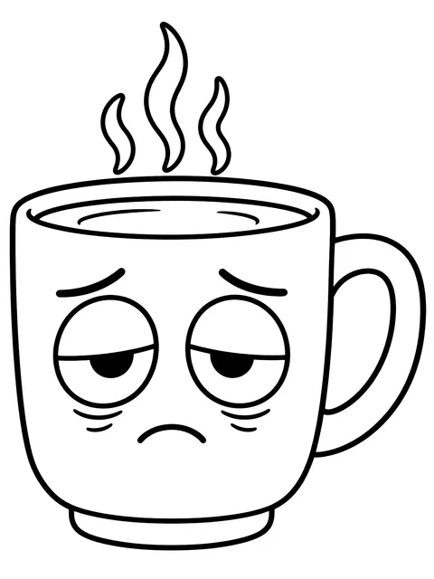 Easy Coffee cup with tired eyes coloring page