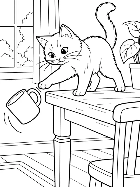 Cat pushing a mug off a table coloring page