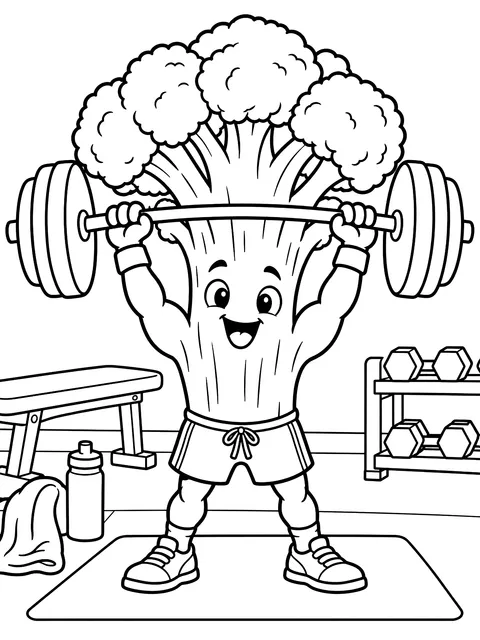 Broccoli lifting weights coloring page