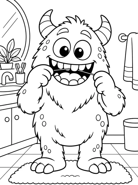 Monster flossing its teeth coloring page