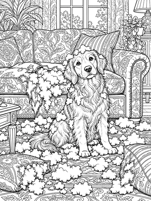 Detailed Dog surrounded by couch stuffing coloring page